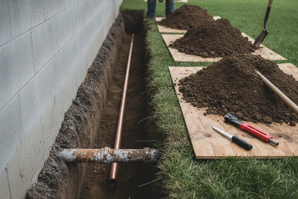 Excavated water line trench during Water Heater Repair in Sharpsville